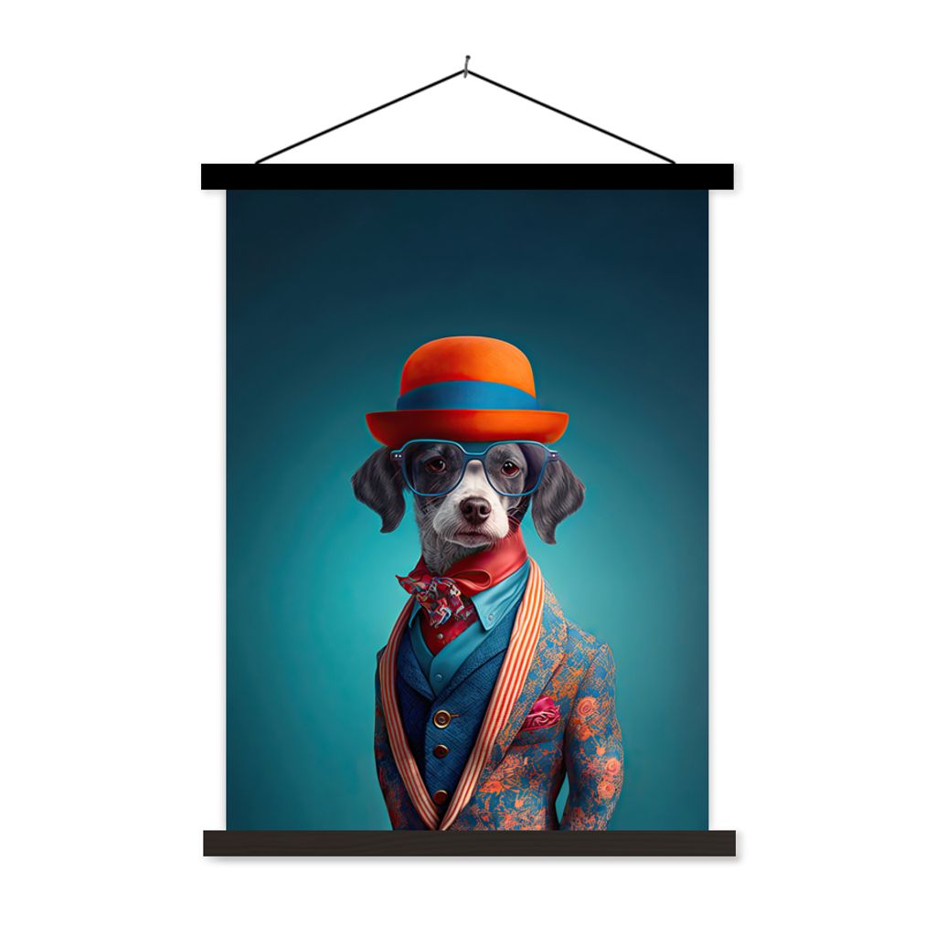 MuchoWow Textilposter Hund - Jacke - Blumen - Porträt - Blau 90x120 cm mit schwarzem Rahmen - Dekoration