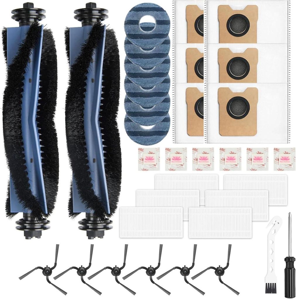 34 Stück Zubehörset für Eufy Omni C10 Roboter Staubsauger Zubehör, 2 Hauptbürste 6 Staubbeutel 6 Wischtücher 6 Seitenbürsten 6 Filter 6 Vani...