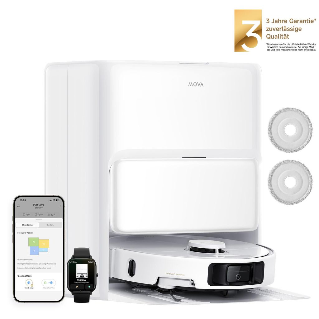 A white robot vacuum cleaner with its charging station, a smartphone, and a smartwatch are displayed against a white background. Two circular cleaning pads are also shown.