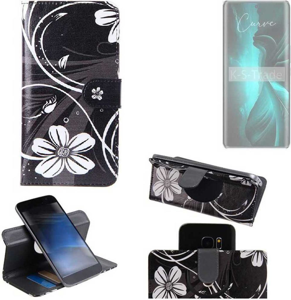 K-S-Trade Schutzhülle Handyhülle kompatibel mit Lava Blaze Curve Hülle 360° Wallet Case “Flowers“ Klapphülle Hülle schwarz-weiß 1x