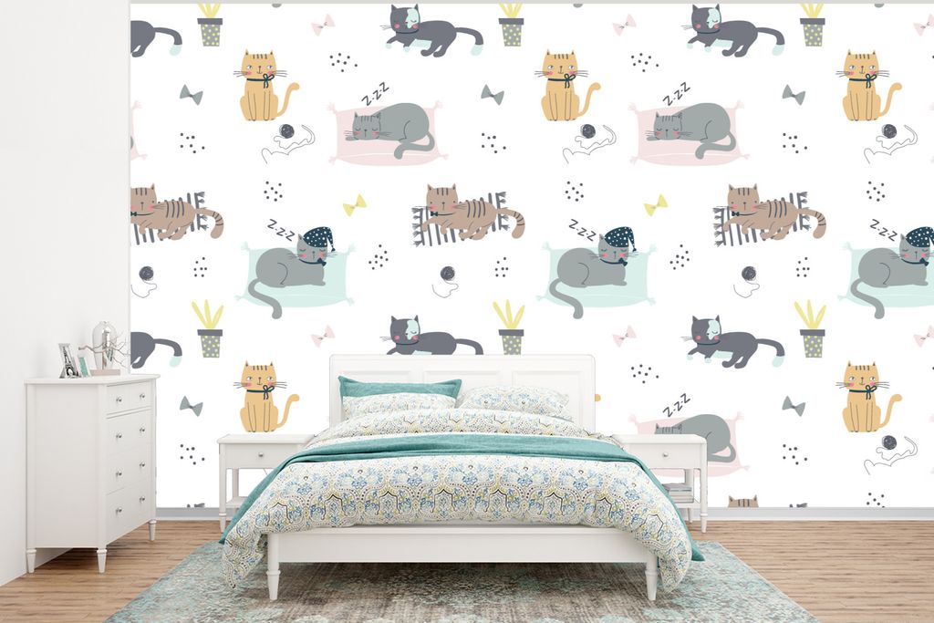 MuchoWow Fototapete für Wohnzimmer oder Schlafzimmer Wandtapete Vinyl Motivtapete Katzen - Haustiere - Muster - 295x220 cm - Wand Tapete