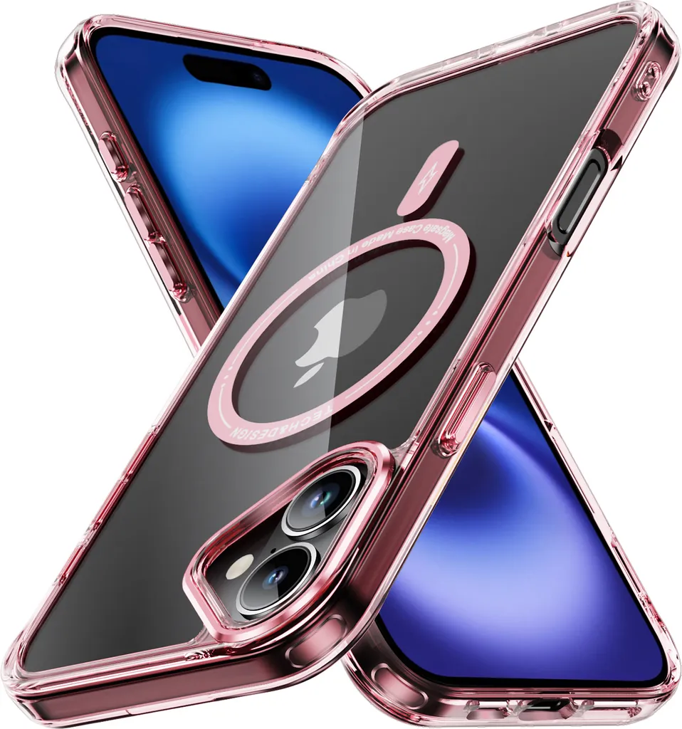 Custodia magnetica trasparente per iPhone 16, compatibile con MagSafe, custodia protettiva ibrida antiurto rosa