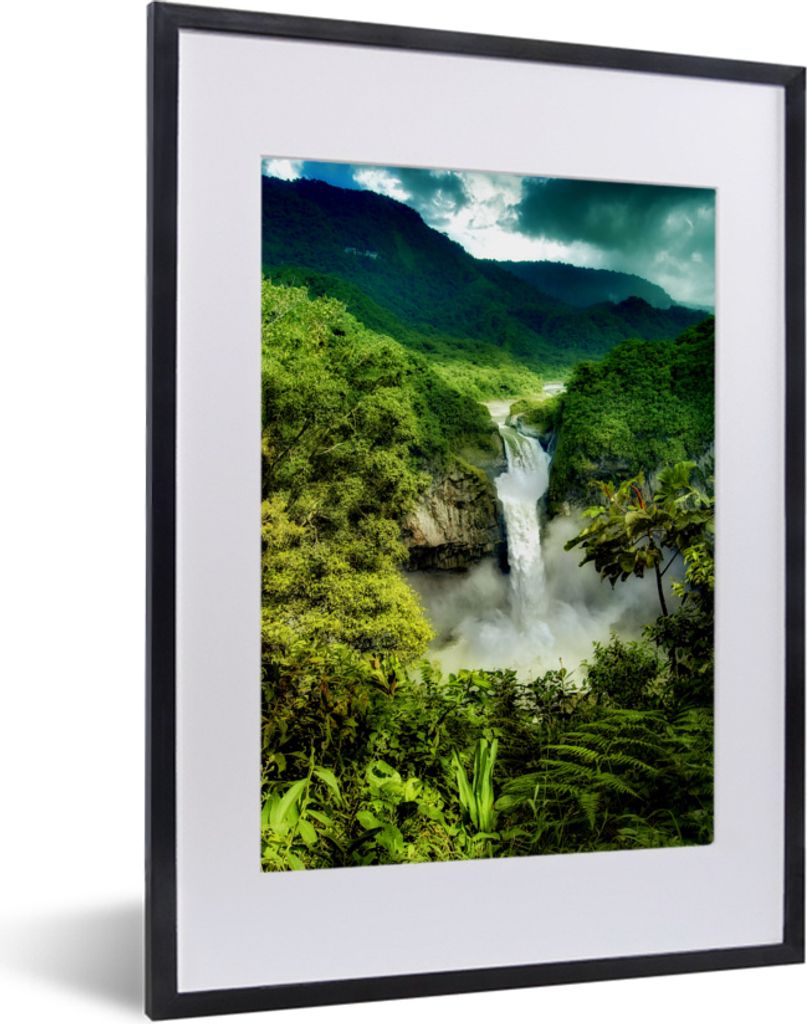 MuchoWow MuchoWow Gerahmtes Poster Wasserfall - Berge - Dschungel 30x40 cm - Poster mit zchwarzem Bilderrahmen - Wandposter Schlafzimmer