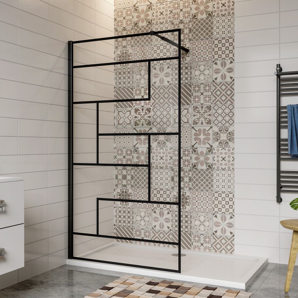 90x200cm 8mm NANO ESG Glas schwarze Duschwand Walk In Duschabtrennung Duschkabine Glaswand +73-120cm Stabilisierungs Stange