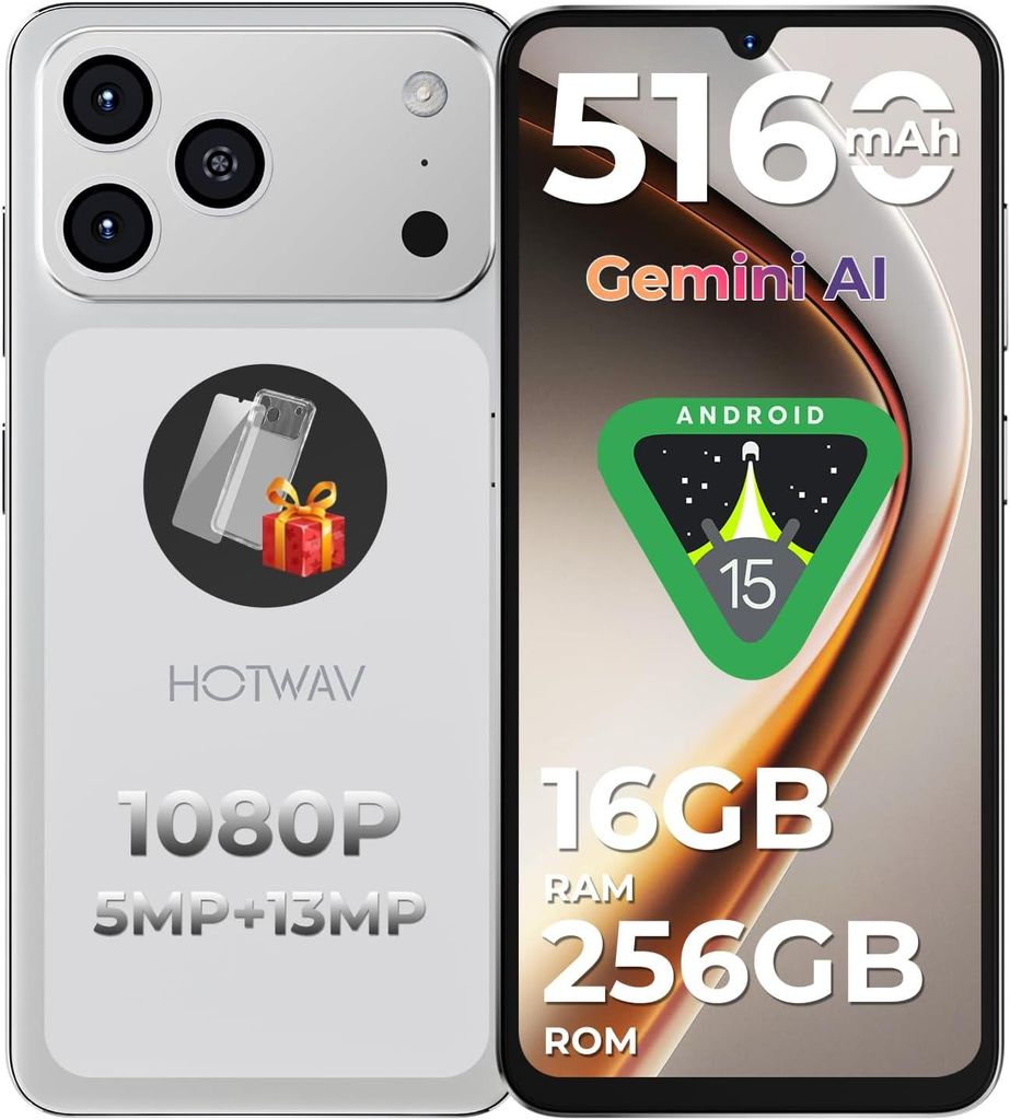 HOTWAV A17 Pro Max 2026 Handy ohne vertrag 6,75" HD+, 16GB+256GB/1TB TF Android 15 Smartphone, 5160mAh Dual SIM 4G Handys,Gemini AI/GPS/OTG, Silber