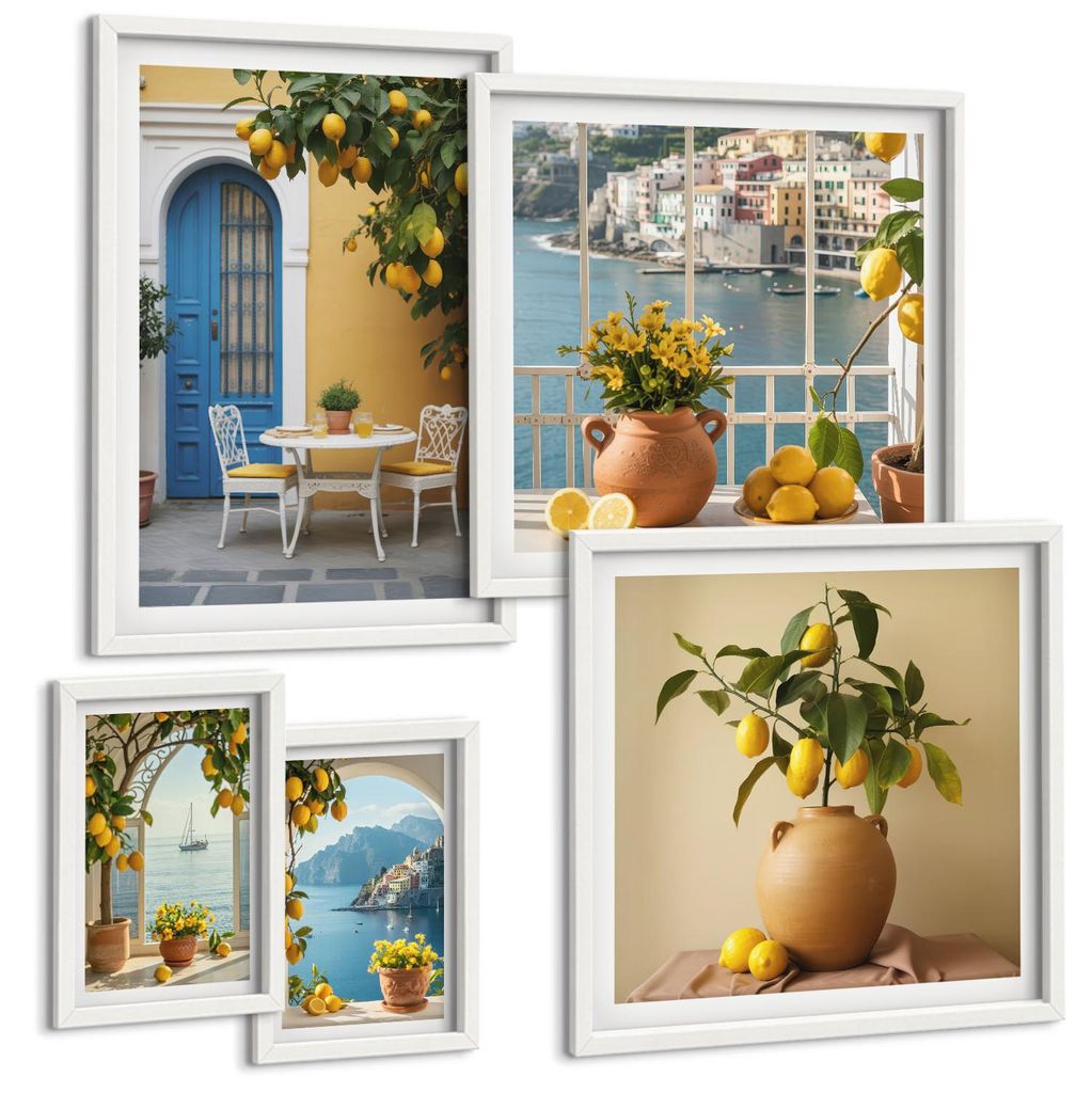 Bilder Set 5-teilig im Goldrahmen Rahmen – Wandbilder 5 Stück – gerahmte Poster für Wohnzimmer, Schlafzimmer und Flur – 50x50 cm - 40x60 cm...