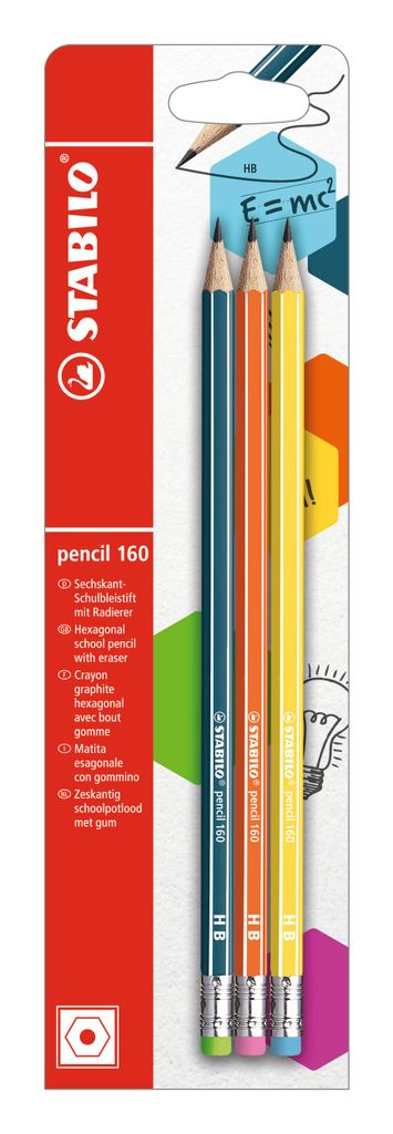 Bleistift mit Radierer - STABILO pencil 160 in petrol, orange, gelb - Härtegrad HB - 3er Pack
