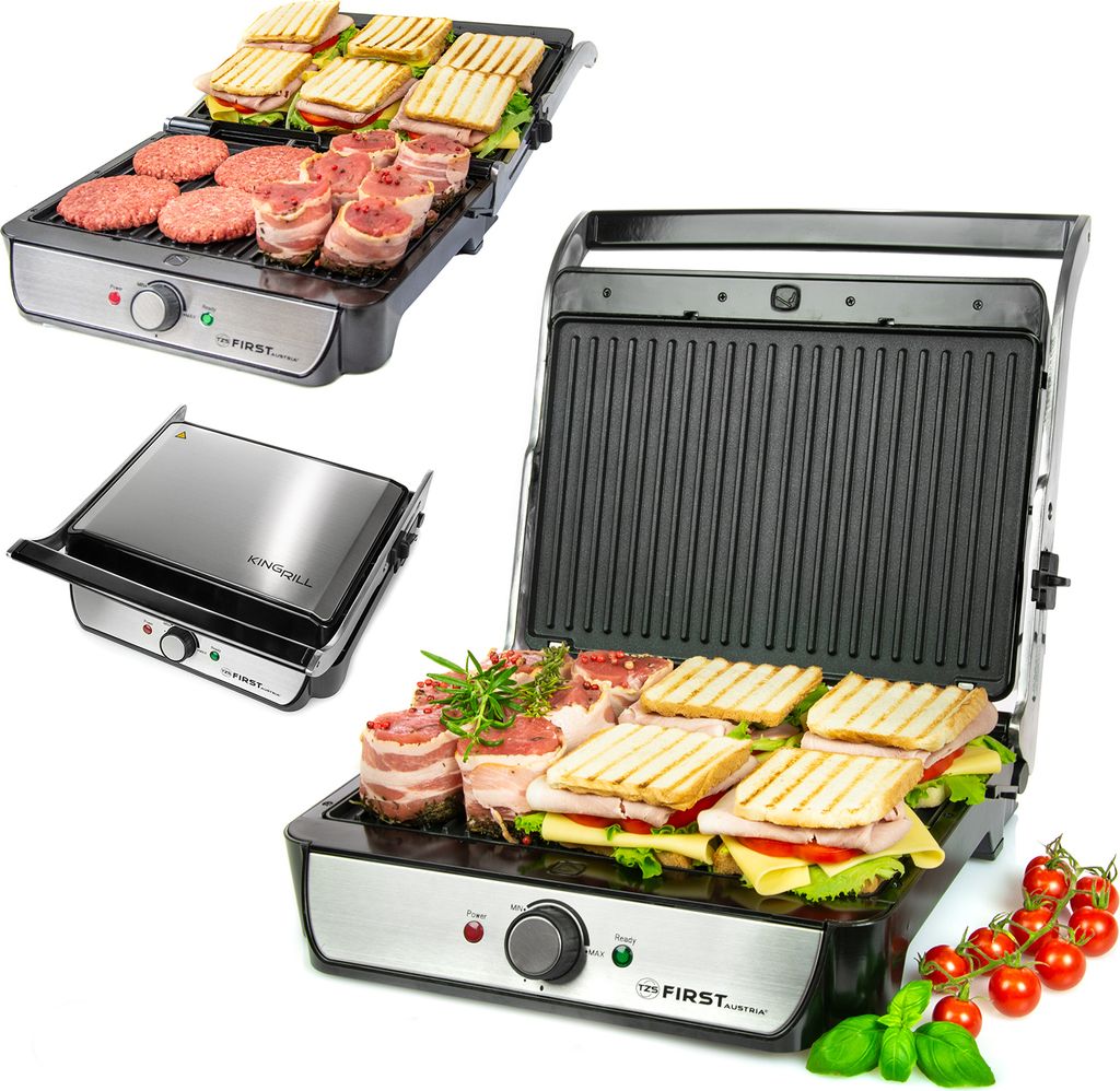 A collage of a TZS First Austria Tischgrill, showing it in use with food and also as a standalone product.