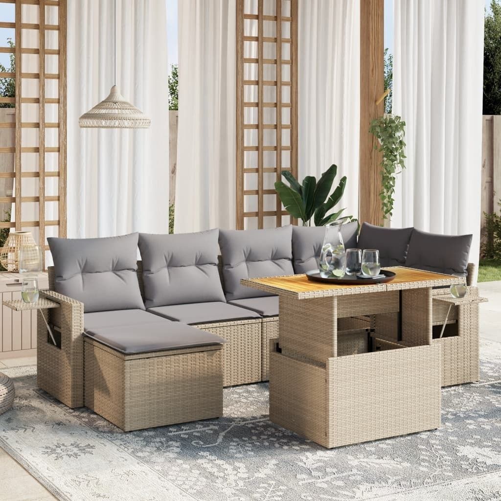 "2026 Promotion" 7-tlg. Garten-Sofagarnitur/Terrassenmöbel - mit Kissen - Beige Poly Rattan - Gartenmöbelset CC13375