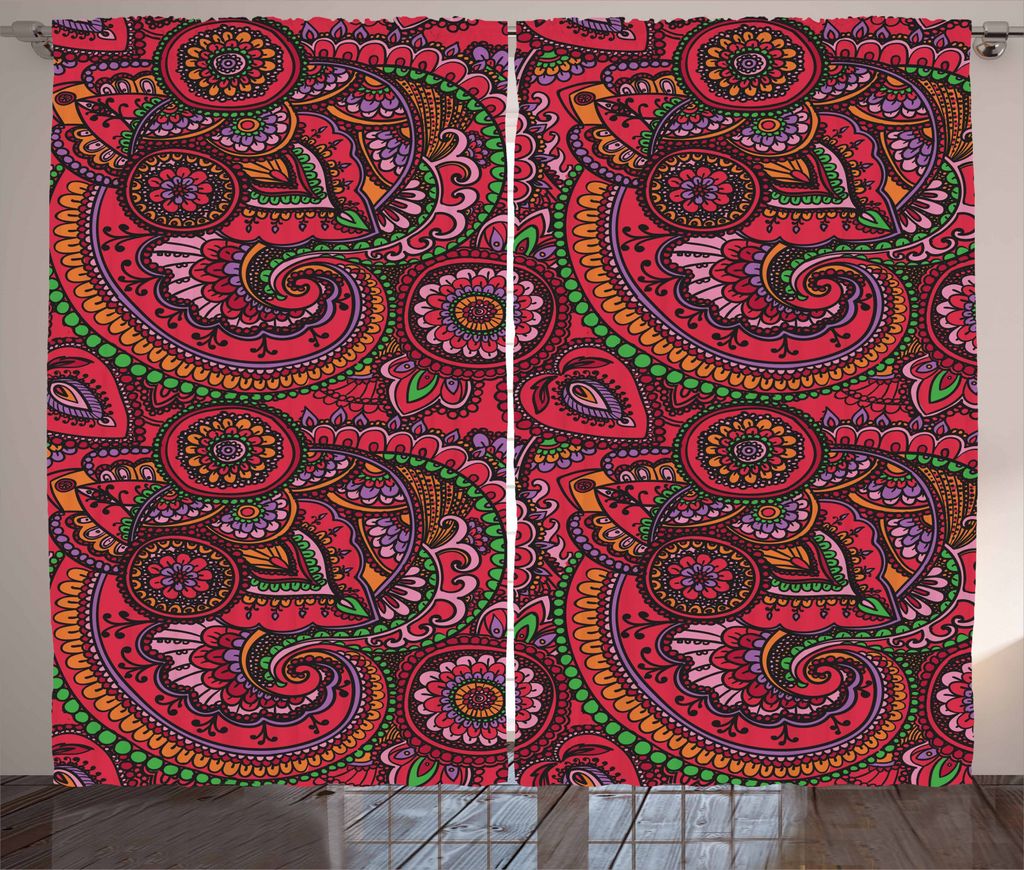 ABAKUHAUS Bunt Rustikaler Gardine, Traditionelle Kunst, Schlafzimmer Kräuselband Vorhang mit Schlaufen und Haken, 280 x 245 cm, Dunkle Coral Orang...