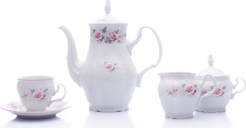 Kaffeeservice, tschechisches Porzellan, 170 ml, Bernadotte, rosa, rosa Linie, 15 d., Thun 1794