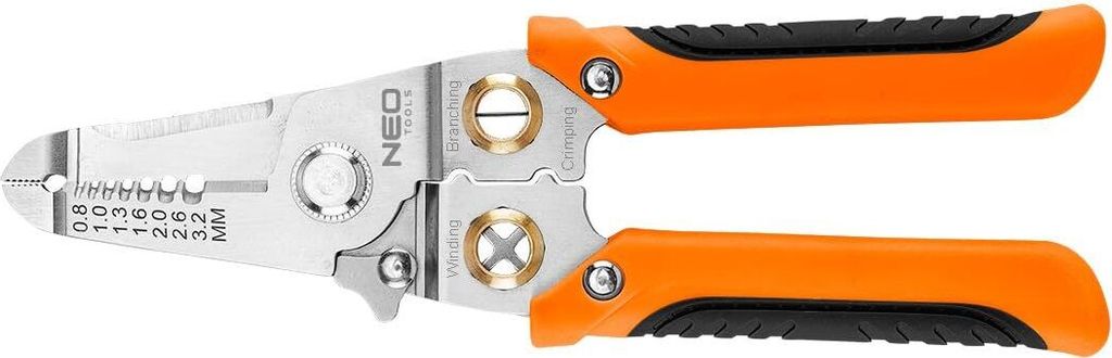 NEO TOOLS Mehrfachwerkzeug 6 in 1, Kabel-Abisolierer 0,8 - 3,2 mm, Cutter - Crimper - Verdrehen von Drähten - Trennung von Drähten - Halten der K...