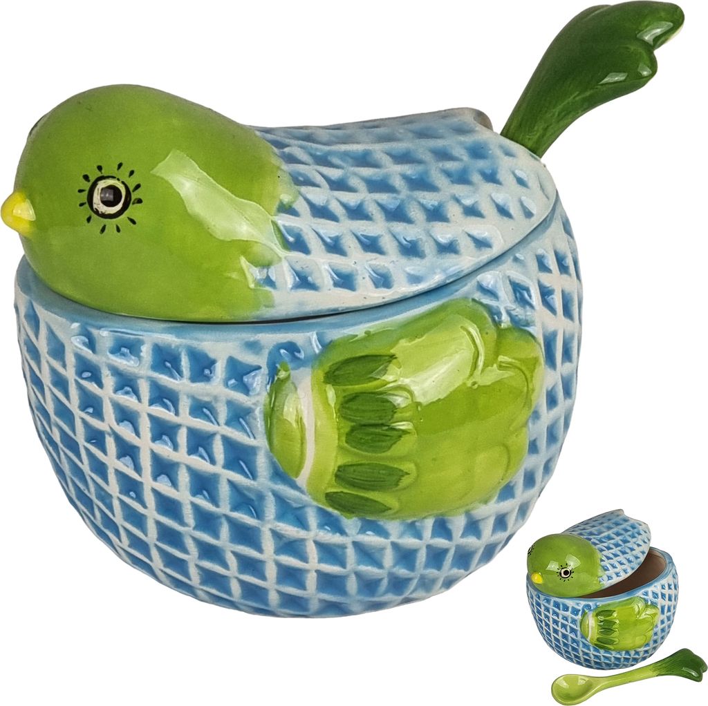 Zuckerdose mit Löffel Marmeladendose Parmesandose Honigdose Keramik Vogel Motiv