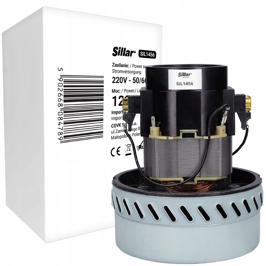 A vacuum cleaner motor is shown next to its packaging.