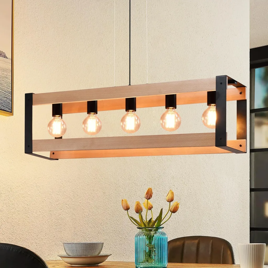 Luminaire Suspendu Table à Manger 5 Lampes Bois Rétro pour Cuisine Loft