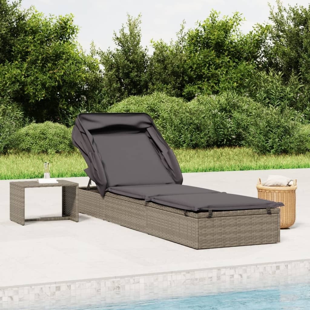 Ankonbej Sonnenliege mit Faltdach Grau 213x63x97 cm Poly Rattan