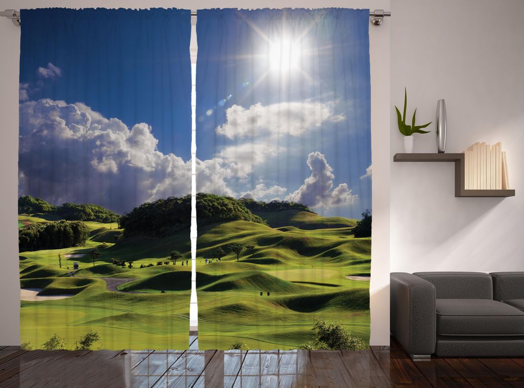ABAKUHAUS Natur Rustikaler Gardine, Sommerweide Grassy Hills, Wohnzimmer Universalband Gardinen mit Schlaufen und Haken, 280 x 225 cm, Grün blau