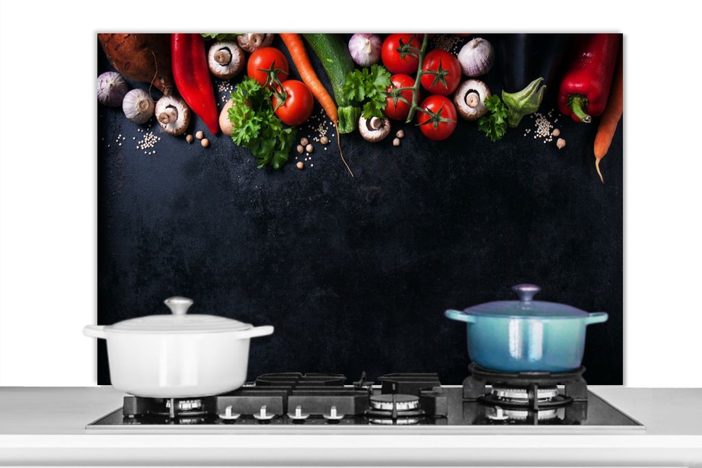 KitchenYeah Spritzschutz Küche - Küchenrückwand - Wandschutz für Herd und Spüle - Gemüse - Kräuter - Gewürze - Schwarz - Rustikal - Küc...