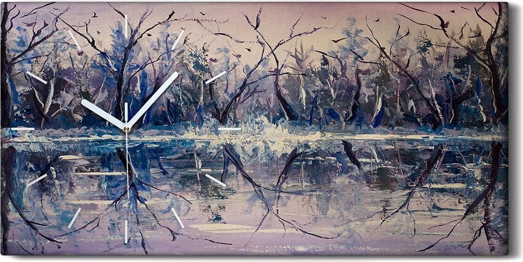 Leinwand Wanduhr Wandkunst Uhr Quarz 60x30 Gemälde des Flusses im Winterwald - weiße Hände
