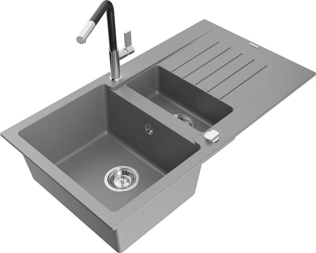 Mexen Matias 1,5-Becken-Granitspüle mit Abtropffläche und Mischbatterie Flora, Grau - 6502-71-670401-07