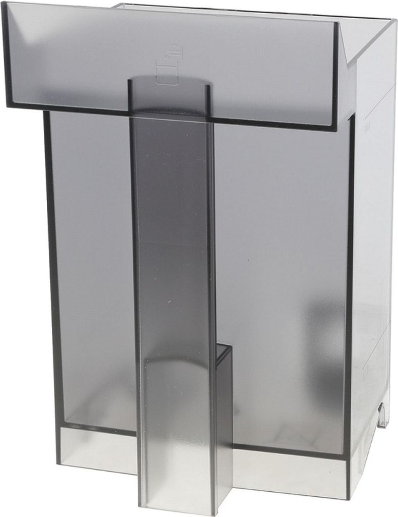 A gray transparent plastic water tank for an appliance.