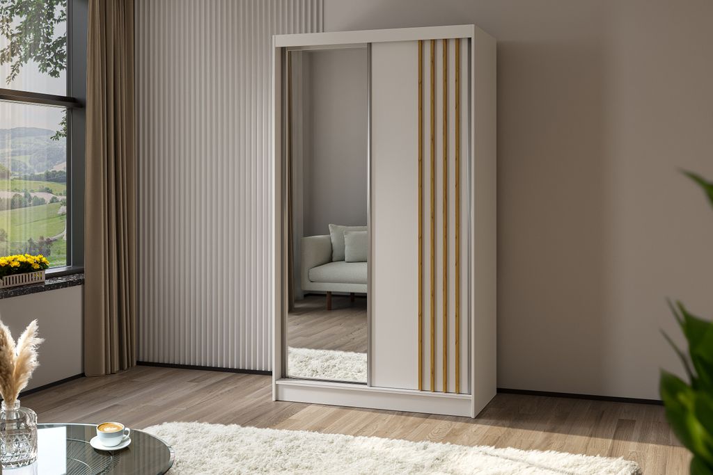 AGMAT Schwebetürenschrank Lugo, Kleiderschrank mit 2 Türen und Spiegel, Moderne Garderobe in Farbe: Weiß / Weiß, Schrank in Größe: 120 x 216 ...