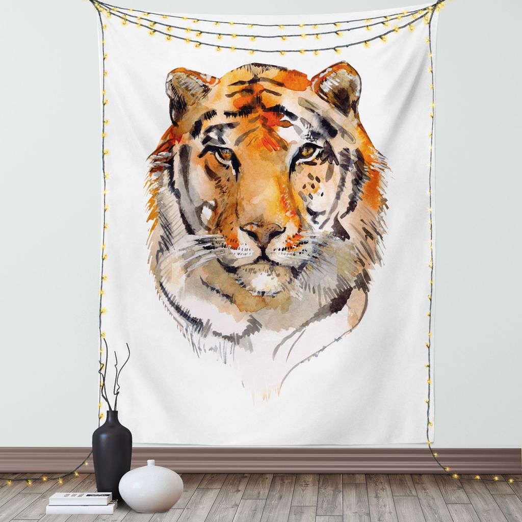 ABAKUHAUS Tiger Wandteppich, Katzenartiges Tier mit beruhigendem Starren Hand gezeichnetem Aquarell-Kunst-exotischem Wildcat Hunter, Wohnzimmer Sch...