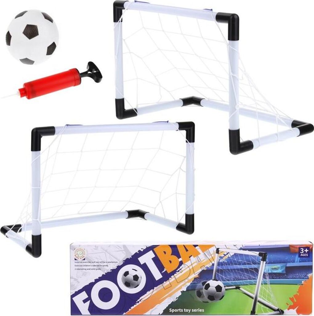 A set of two small soccer goals, a soccer ball, and a pump are arranged on a white background, with a product box visible at the bottom.