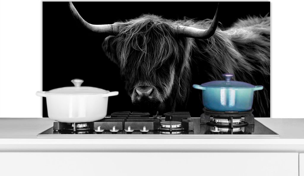 KitchenYeah Spritzschutz Küche - Küchenrückwand - Wandschutz für Herd und Spüle - Schottisches Hochlandrind - Hörner - Schwarz - Tiere - N...