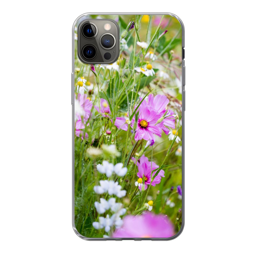 MuchoWow Handyhülle Schutzhülle Hülle für iPhone 13 Pro Max Blumen - Natur - Grün - Gras - Lila - Weiß Silikon Softcase Handy Hülle - Mobi...
