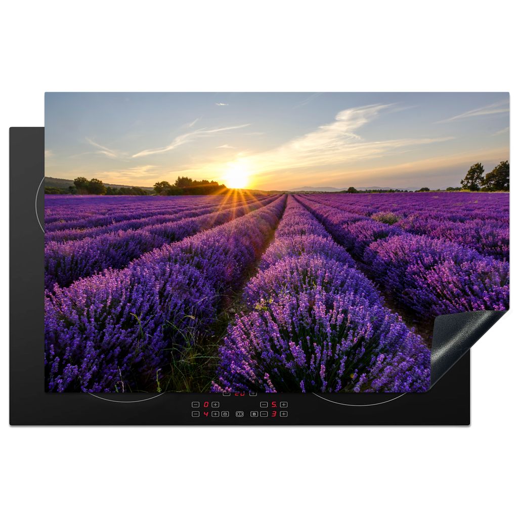 KitchenYeah Herdabdeckplatte Lavendel - Blumen - Sonnenuntergang - Lila , 81x52cm, Küche Deko, Glaskeramikkochfeld Herdabdeckung, Abdeckplatte f...