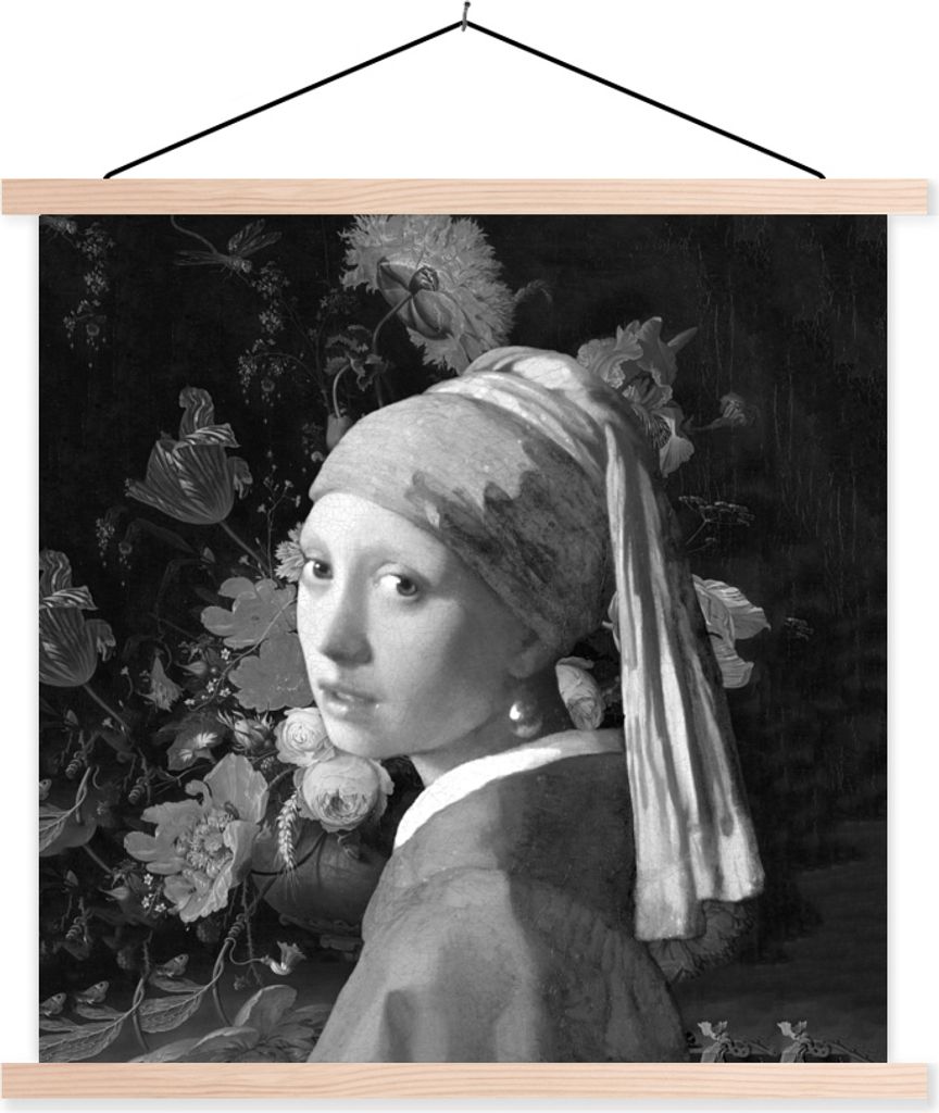 MuchoWow Textilposter Das Mädchen mit dem Perlenohrring - Johannes Vermeer - Schwarz und weiß 40x40 cm mit holzfarbenen Rahmen - Posterleiste