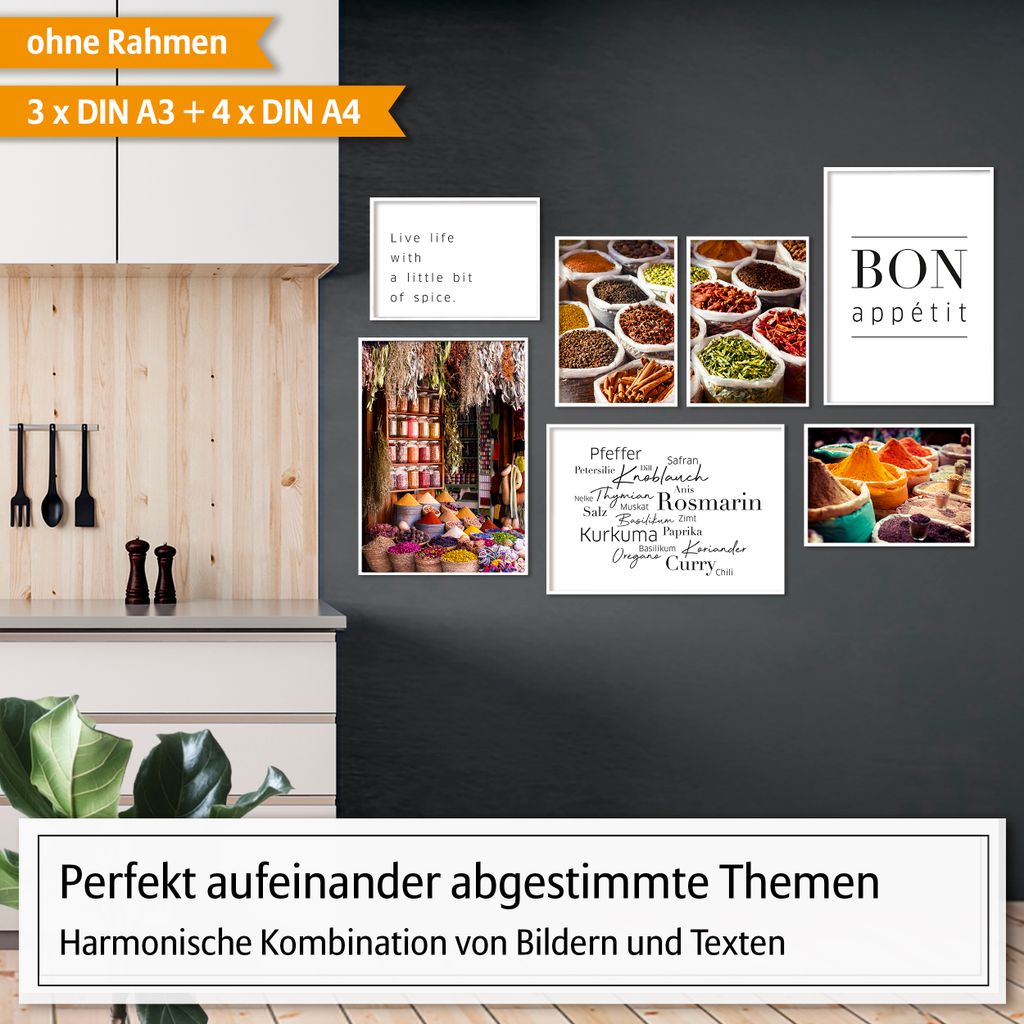 Hyggelig Home Premium Poster Set - 7 passende Bilder OHNE RAHMEN im stilvollen Set - 3 x DIN A3 + 4 x DIN A4 - Posterset Gewürze, Option:mit Rahme...