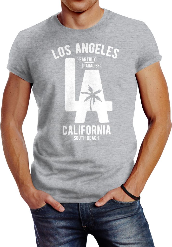 Herren T-Shirt Los Angeles California LA Palme Slim Fit Neverless grau 4XL
