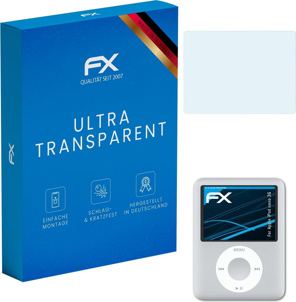 atFoliX FX-Clear 3x Schutzfolie kompatibel mit Apple iPod nano 3G Displayschutzfolie