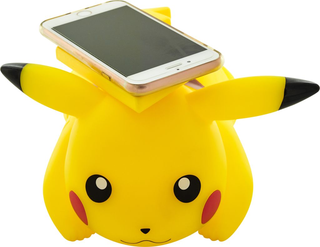 A yellow Pikachu-shaped phone stand with a smartphone on top.