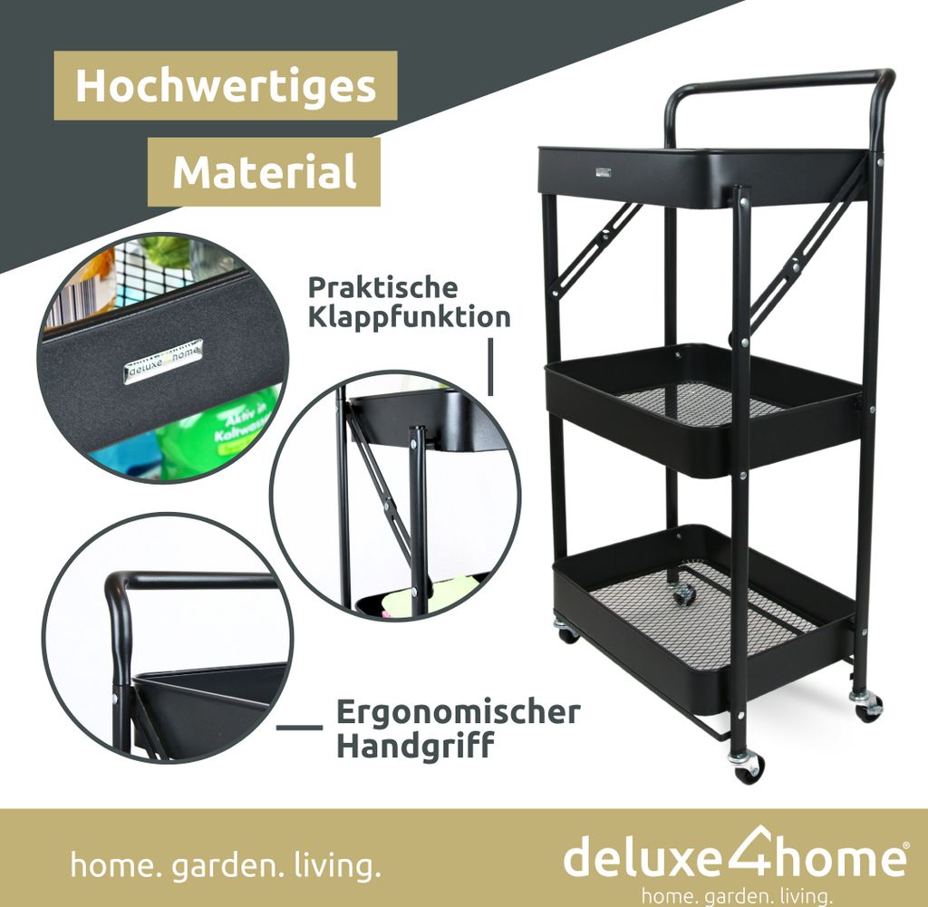 deluxe4home® Servierwagen Rollwagen klappbar 3 Ablagen Produktbild 4