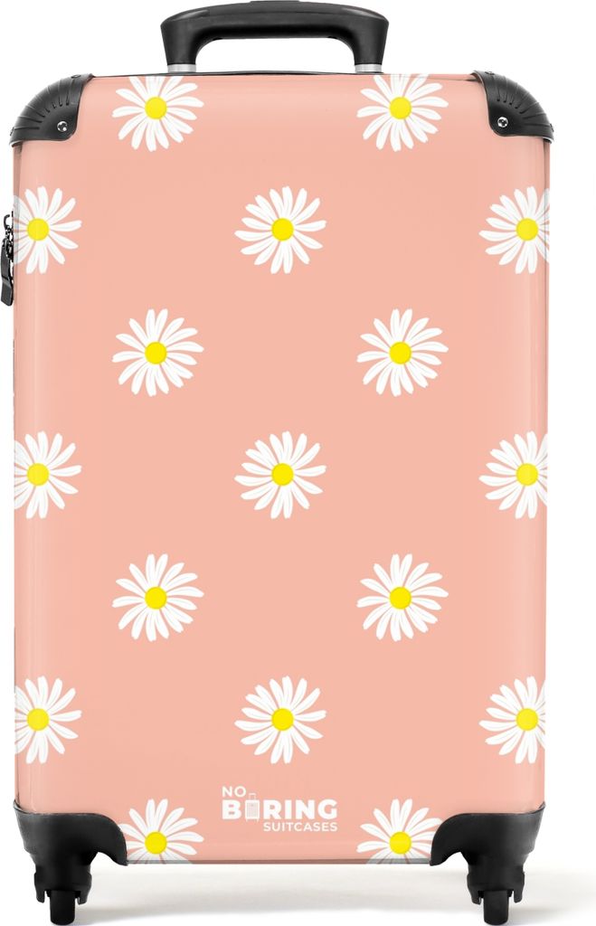NoBoringSuitcases.com Koffer Handgepäck Trolley Rollkoffer Kleine Reisekoffer mit 4 Rollen - Pastellorange mit Gänseblümchen - Cabin Size < 55...