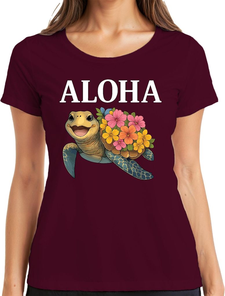 ALOHA Meeresschildkröte mit Blumen Hawaii Tropisch Sommer Strand Damen T-Shirt, Burgundy, 3XL
