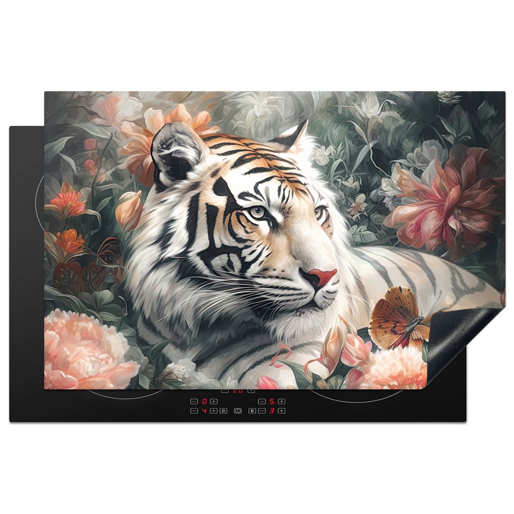 KitchenYeah Herdabdeckplatte Tiger - Wildtiere - Blumen - Dschungel , 81x52cm, Küche Deko, Glaskeramikkochfeld Herdabdeckung, Abdeckplatte fùr ...