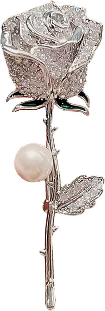 Elegante Brosche in Rosenblütenform mit glänzenden Strasssteinen und eingelegten Kunstperlen, Anstecknadel, Anzug, Revers, Abzeichen, Mantelzubehör
