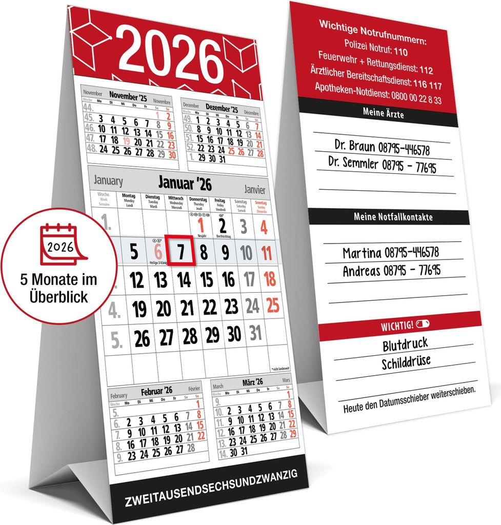 Tischkalender 2026 zum Aufstellen mit Datumsschieber und Notrufnummern – 5-Monats-Kalender für Senioren, kompakter Stehkalender 2026 mit Rückse...