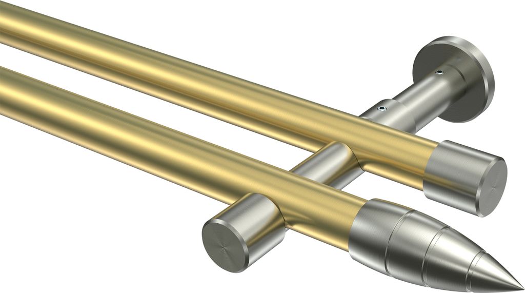 Interdeco Gardinenstange / Vorhangstange Messing-Optik / Edelstahl-Optik, Typ Prestige Samanto (Rillenpatrone) ohne Ringe, 20 mm Ø 2-läufig, 360 cm