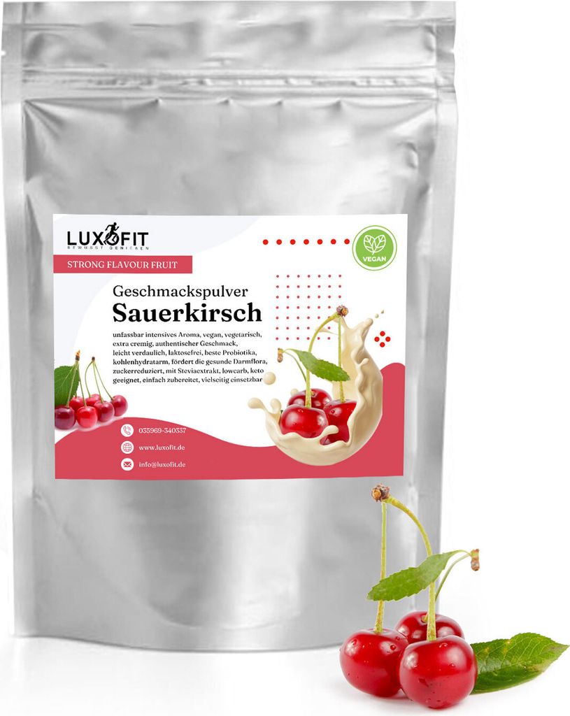 Luxofit Geschmackspulver Fruit Flavour, kalorienarm, 300 g – für Quark, Joghurt, Shakes & Backen (Sauerkirsche)