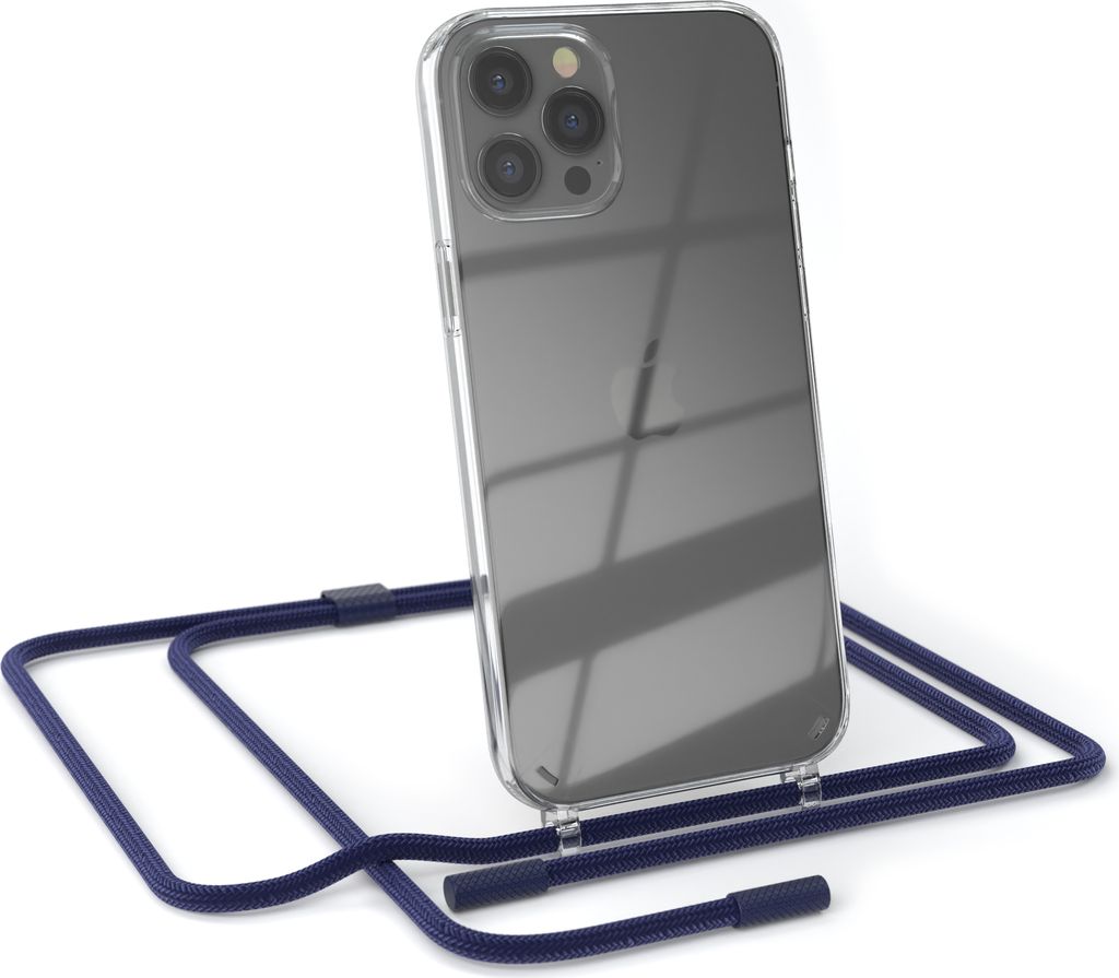 EAZY CASE Handykette für Apple iPhone 12 Pro Max, Clear Case aus Silikon, mit Umhängeband, abnehmbare Endstücke, Handyband in Blau