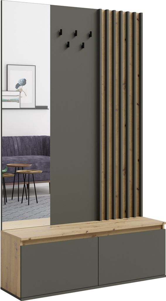 Garderobe mit Bank und Paneel in Eiche mit graphit, Lamellen Design DAVIS-166