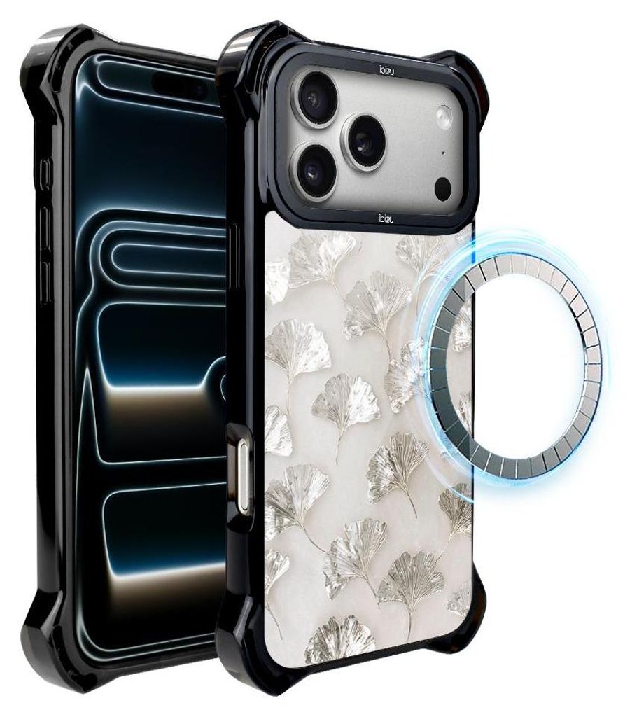 Schutzhülle für das iPhone 17 Pro Max, MagSafe-kompatibel, verstärkte Ecken, schwarz, weißer Marmor, silberne Blätter