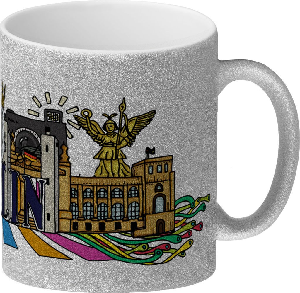 Glitzer-Glitzer-Kaffeebecher mit Wimmelgrafik Berlin Motiv