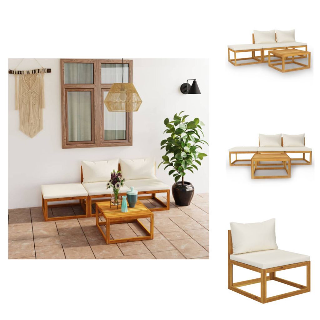 vidaXL 4-tlg. Garten-Lounge-Set mit Auflagen Creme Massivholz Akazie - Gartenmöbel-Sets