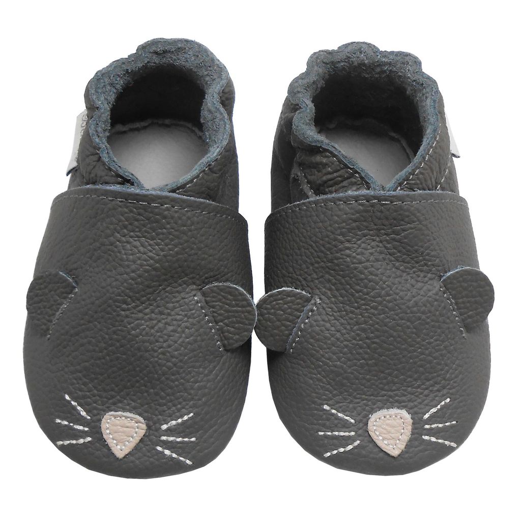 BEMUSE Baby Krabbelschuhe aus Echtleder, weiche Lauflernschuhe für Mädchen&Jungen, rutschfeste Ledersohle, Grau, Katzenmotiv, Größe S (0–6 ...